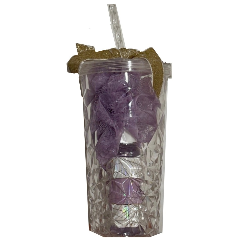 Lavender Bath Body Gift Set in Studded Acrylic Tumbler with Straw Gold Bow NEW